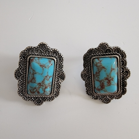 NEW Turquoise Rectangle Antique Metal Stud Earrings Boho - Picture 5 of 6
